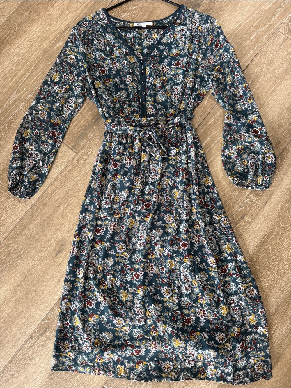 Size medium Floral Tie-Waist Long Sleeve Dress - Teal Multi